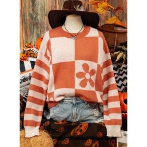 NEW FASHIONWORKS women's check floral striped sweater in orange